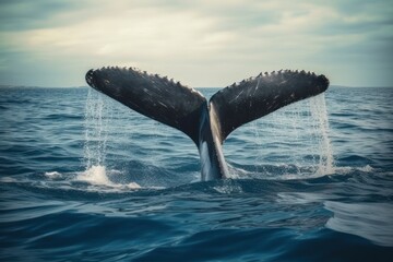 Humpback whale diving, tail out of the sea - obrazy, fototapety, plakaty
