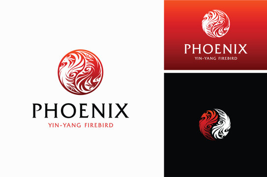 Two Phoenix Fenix Firebirds Taoist Yin Yang Symbol. Beauty Rotation Twin Pigeon Dove Rooster Birds Thai Chi logo design
