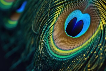 Obraz premium Colorful and Artistic Peacock Feathers. This is a macro photo of an arrangement of luminous peacock feathers.