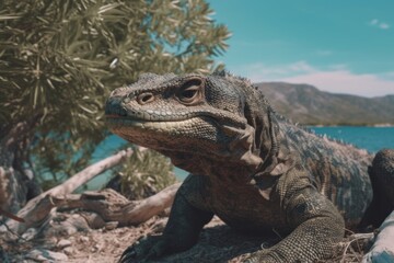 Fototapeta premium A monitor lizard varanus crawls on the yellow sand macro close up. Sri Lanka