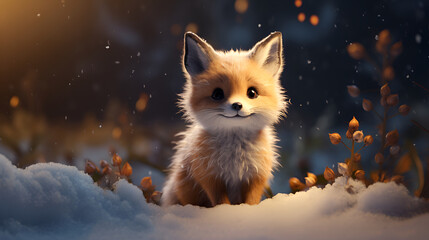Red cute fox cub on the background of a snowy fairy tale winter forest with bokeh light and copy space. Cartoon illustration 3d. Christmas greeting card.