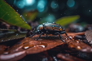 Black beetle on dry grass