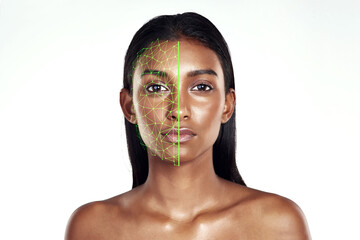 Portrait, beauty and facial recognition for skincare with a woman in studio isolated on white...