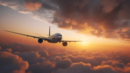 Fotobehang Passenger plane flies among the clouds of sunset sunbeams in pink and purple colors. Copy space for text. Top view. Generation AI © Tetiana