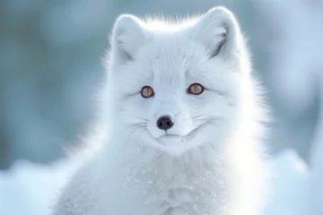 Crédence de cuisine en verre imprimé Renard arctique Baby Arctic fox (Vulpes lagopus) in snow habitat, winter landscape, Svalbard, Norway