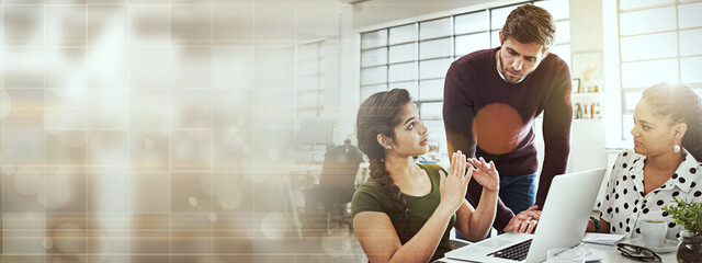 Mockup banner, laptop and teamwork of business people, web designer and group working on online website design. Manager, advertising grid space or team cooperation on SEO project, research or startup