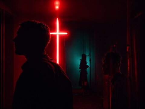 gloomy red lighting, silhouette of man looms in front of neon Catholic cross
