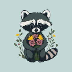 Cartoon Illustration of baby racoon holding flowers, cute animal, flat design