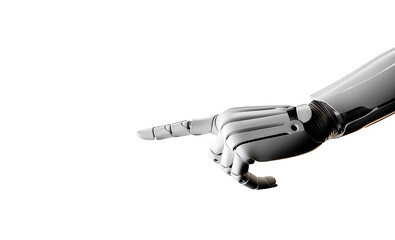 White robot hand isolated on white background. Robotic cyborg arm raising one finger in an upward direction, pointing. Png with transparent background, cutout.
