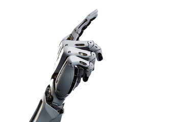 White robot hand isolated on white background. Robotic cyborg arm raising one finger in an upward direction, pointing. Png with transparent background, cutout.