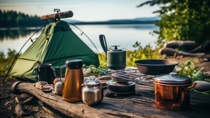 Camping equipment like gear, pots and tent near the lake created with Generative AI - obrazy, fototapety, plakaty