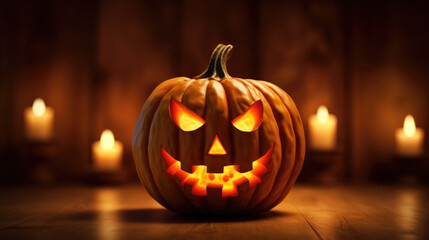 Fototapeta premium Scarry halloween Pumpkin on a wooden background