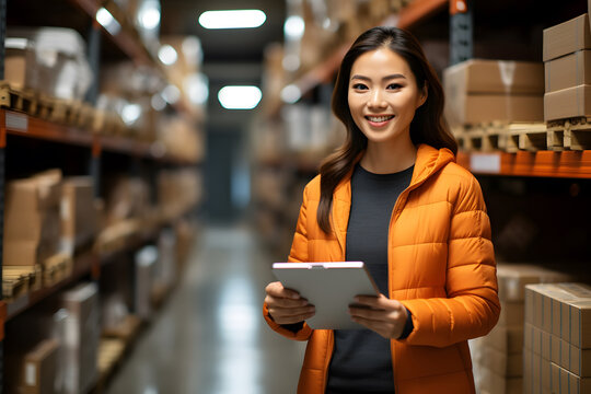 Portrait of asian woman business owner using digital tablet checking amount of stock product inventory on shelf at distribution warehouse factorylogistic business shipping delivery service