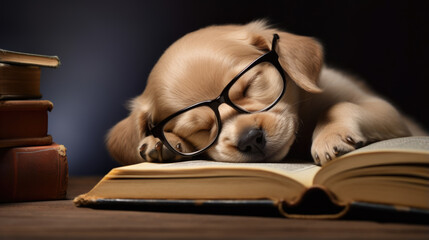 Puppy sleeping on an open book with glasses on it