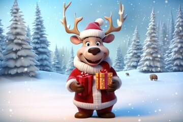 Cute Cartoon  Moose Character Wearing a Red Scarf and Hat holding Presents on a Snowy Background