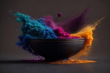illustration of bowl with holi dust splashing on black background