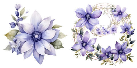 Beautiful wedding wreath with Clematis flowers watercolor elements set.