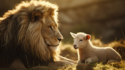 a lion and a sheep were sitting together