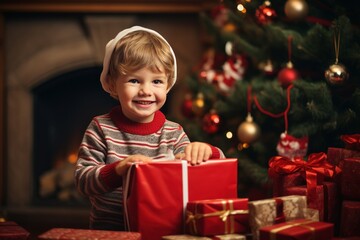 Fototapeta na wymiar Cute smiling little boy is unpacking gifts at Christmas