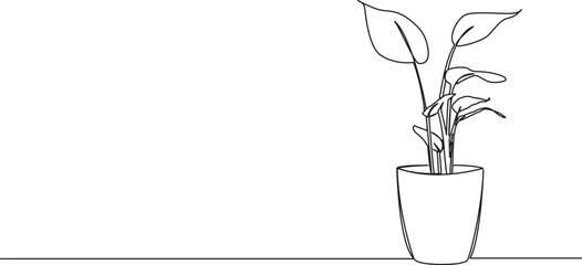 continuous single line drawing of potted plant, line art vector illustration