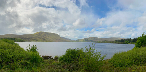 View on lake "Lough Talt" surrounded by hills