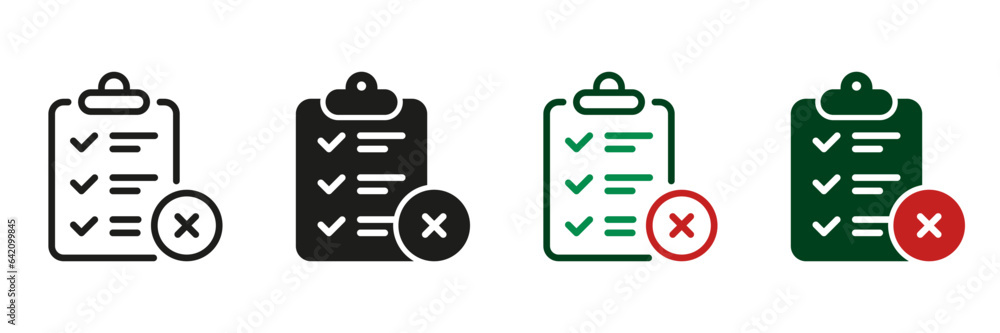 Poster clipboard with cross, delete document line and silhouette icon set. reject agreement pictogram. wron