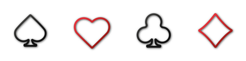 Set collection gambling outline sign symbol of playing card suits and chips for poker and casino. Vector hearts, clubs, diamonds and spades on an isolated white background.
