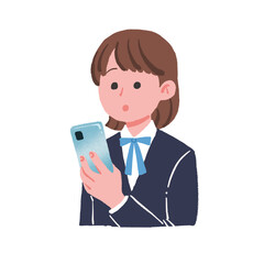 A school girl looking at her mobile phone with a surprised expression