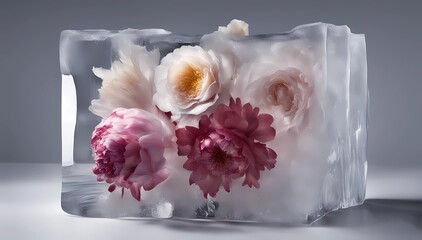 fall winter ethereal  frozen  flowerinside ice block - still life