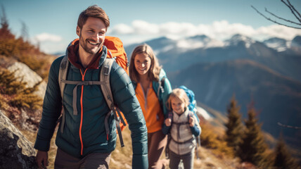 Family of parents and children hiking in nature - obrazy, fototapety, plakaty