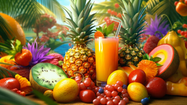 Picture of exotic tropical fruits, such as pineapples, mangoes, and passion fruits, transformed into delicious juices, evoking a sense of paradise and relaxation. AI Generated 8K.