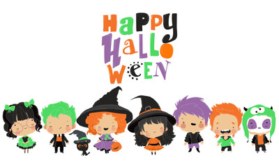 Set of Cute Cartoon Children in Colorful Halloween Costumes