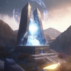 Ancient Ruin Altar Monument Inscribed with Symbols in Sci-Fi Anime Style