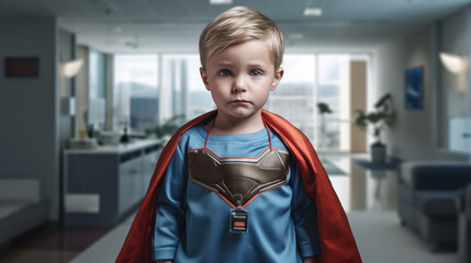 Little boy in a superhero costume in a hospital. Created with Generative AI technology.