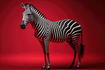 Fototapeta premium Bold and Striking: A Zebra's Majestic Presence on a Vibrant Red Studio Background
