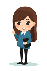 Cute smiling young girl holding a folder or a book and waving her hand. Cartoon illustration of a teenage female student going to school