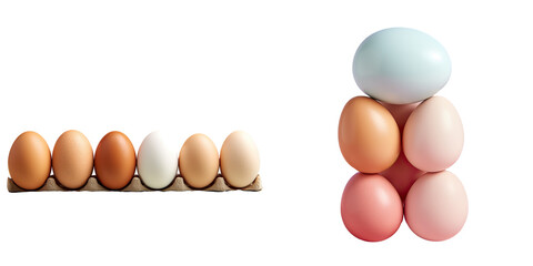 transparent background with fresh colored raw chicken eggs