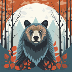 Portrait of a beautiful black bear in the autumn forest. Vector illustration of a dangerous large grizzly looking at you