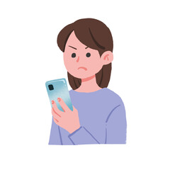 怒った表情でスマホを見ている女性