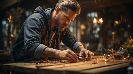 Professional carpenter working in the table.