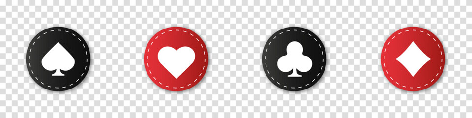 Set collection gambling sign symbol of playing card suits and chips for poker and casino. Hearts, clubs, diamonds and spades chips on an isolated transparent background.