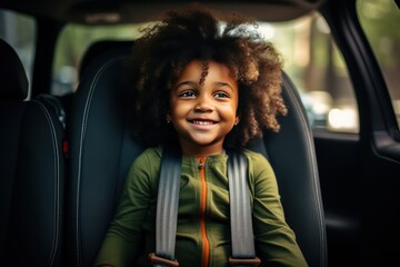 Little African American girl in a child car seat wearing a seatbelt while traveling by car.