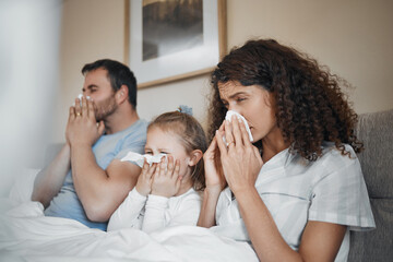 Parents, girl and bed with tissue, blowing nose and sick together with allergies, flu or covid in...