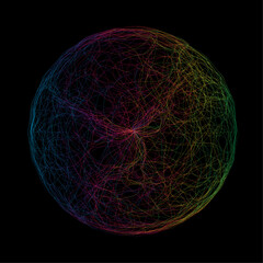 Futuristic vector sphere composed of particles and connecting lines, representing network connections and big data in an abstract technological background.