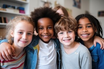 Happy diverse junior school children group