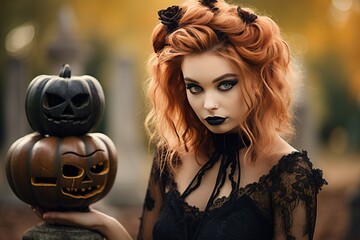Beautiful flirty model goth girl holding a halloween pumpkin on cemetery background - obrazy, fototapety, plakaty