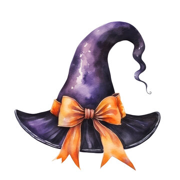 Violet witch hat with orange bow on white background. Halloween concept