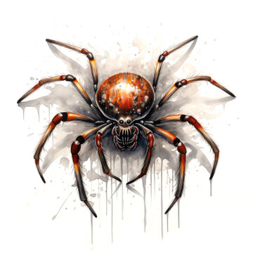 Watercolor spooky spider on white background. Halloween concept