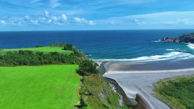 Aerial view from a drone of the Partial Nature Reserve of the Barayo estuary between the municipalities of Navia and Vald&eacute;s. Asturias. Cantabrian Sea. Spain. Europe