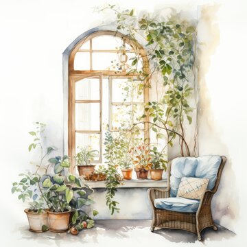 Outdoor comfort watercolor terrace scene with lounge furniture and home plants.